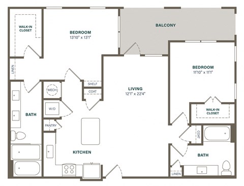 Floor plan for 2 beds, 2 baths, 1240 sqft